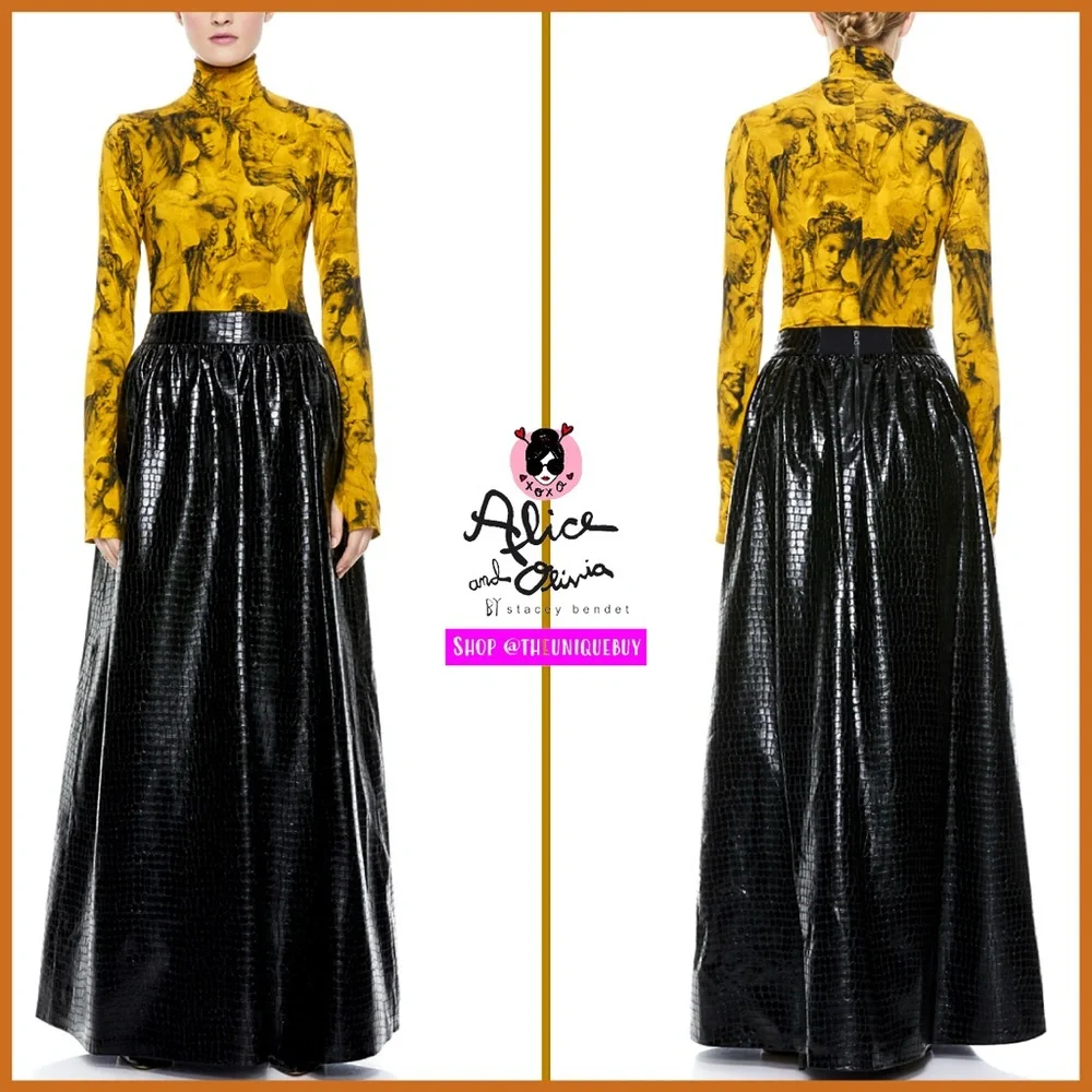 Alice + Olivia Tina Vegan Leather Gorgeous Black Ball Gown Maxi Skirt